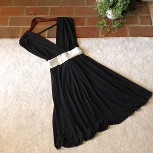 Deep v-neck LBD with white satin tie at back
